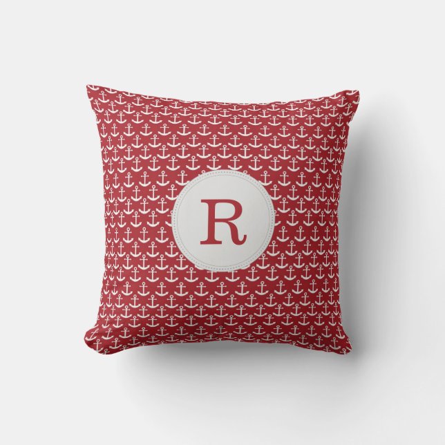Nautical Anchor Monogram Pattern Pillow in Red (Front)
