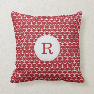 Nautical Anchor Monogram Pattern Pillow in Red