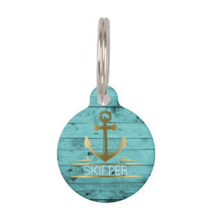 Nautical Anchor Monogram Turquoise Wood Pet Name Pet Tag