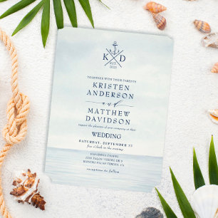 Nautical Anchor Monogram Watercolor Ocean Wedding Invitation