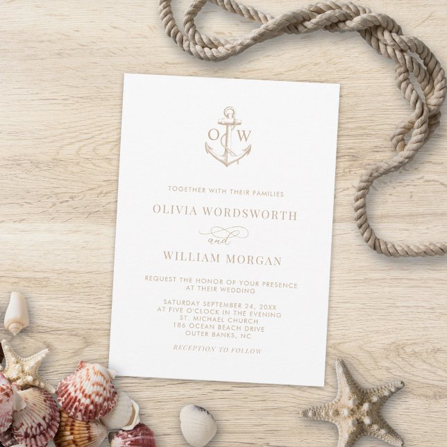 Nautical Anchor Monogram White Beige Wedding Invitation (Creator Uploaded)