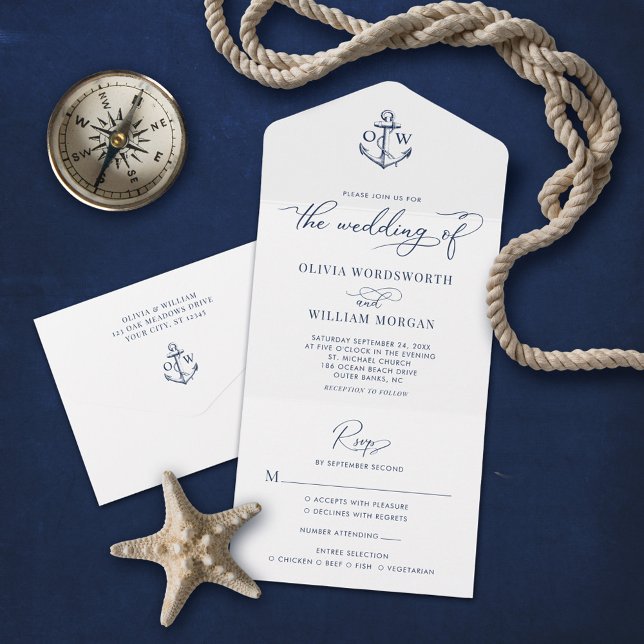 Nautical Anchor Monogram White Navy Wedding All In One Invitation (Creator Uploaded)