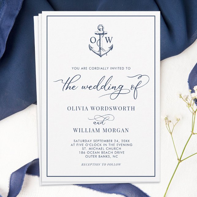 Nautical Anchor Monogram White Wedding Invitation (Creator Uploaded)