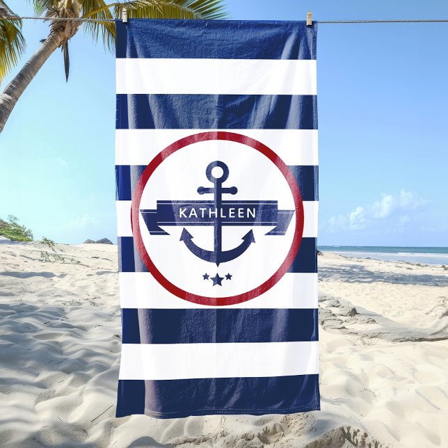 Nautical Anchor Name Navy Blue Stripes Beach Towel (Nautical Anchor Name Navy Blue Stripes Beach Towel)