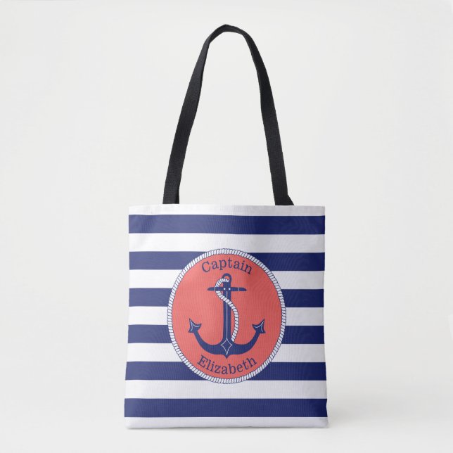 Nautical Anchor Navy and Coral Personalised Tote Bag (Front)