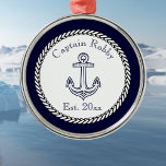 Nautical Anchor Navy Blue and White<br><div class="desc">Nautical Anchor Navy Blue and White Metal Ornament</div>