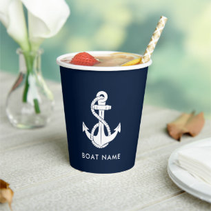 Nautical Anchor Navy Blue and White Boat Name Paper Cups