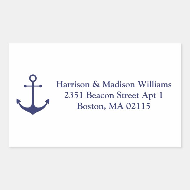 Nautical anchor navy blue and white custom addres rectangular sticker (Front)
