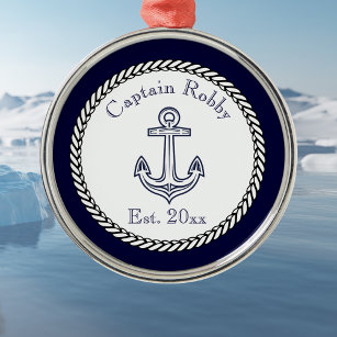 Nautical Anchor Navy Blue and White Metal Tree Decoration