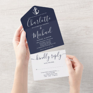 Nautical Anchor Navy Blue And White Script Wedding All In One Invitation