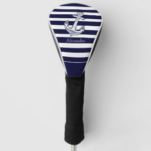 Nautical Anchor Navy Blue and White Stripes Golf Head Cover
