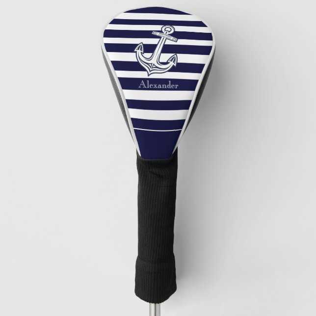 Nautical Anchor Navy Blue  and White Stripes Golf Head Cover (Front)