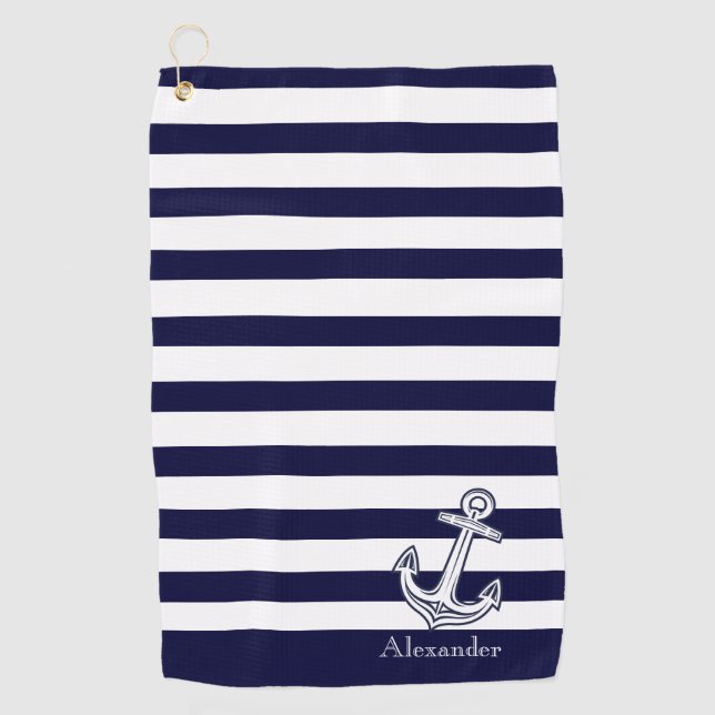 Nautical Anchor Navy Blue  and White Stripes  Golf Towel (Front)