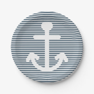 Nautical Anchor Navy Blue And White Stripes Paper Plate