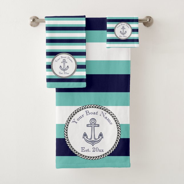 Nautical Anchor Navy Blue Aqua Teal White stripes Bath Towel Set (Insitu)