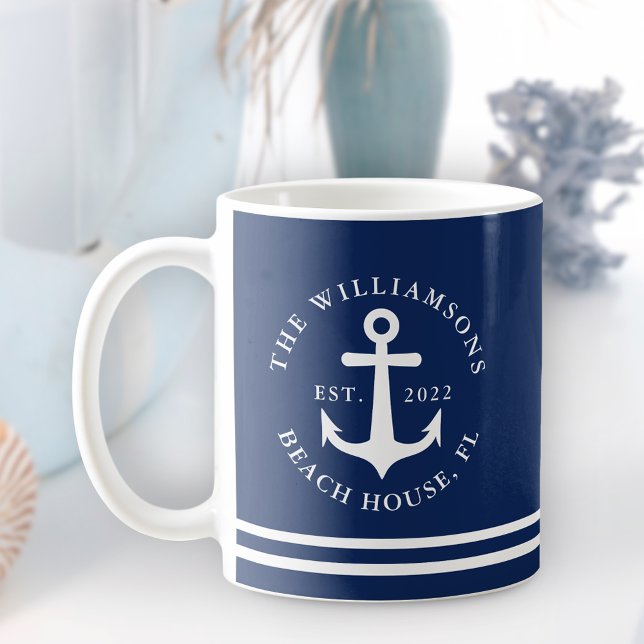 Nautical Anchor Navy Blue Beach House Family Name Coffee Mug (Creator Uploaded)