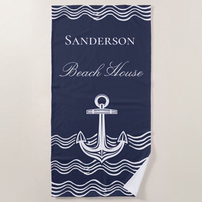 Nautical Anchor Navy Blue Beach House Monogram Beach Towel (Front)