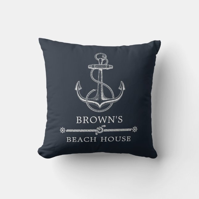 Nautical Anchor Navy Blue Beach or Lake Cushion (Front)