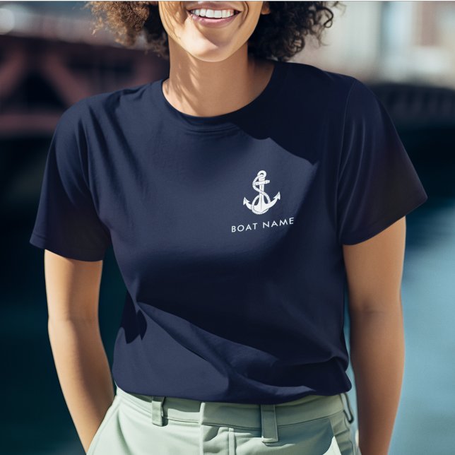 Nautical Anchor Navy Blue Boat Name Any Colour T-Shirt (Nautical Navy Blue Anchor Boat Name Crew Custom Womens Navy Blue T-Shirt)
