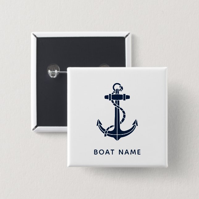 Nautical Anchor Navy Blue Boat Name Coastal Custom 15 Cm Square Badge (Front & Back)