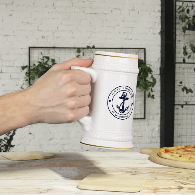 Nautical Anchor Navy Blue Boat Name Custom Beer Stein (Nautical Anchor Navy Blue Boating Beer Stein)
