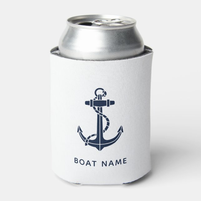 Nautical Anchor Navy Blue Boat Name Custom Can Cooler (Can Front)