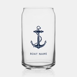 Nautical Anchor Navy Blue Boat Name Custom Can Glass