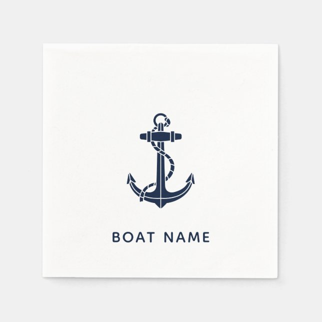 Nautical Anchor Navy Blue Boat Name Custom Paper Napkin (Front)
