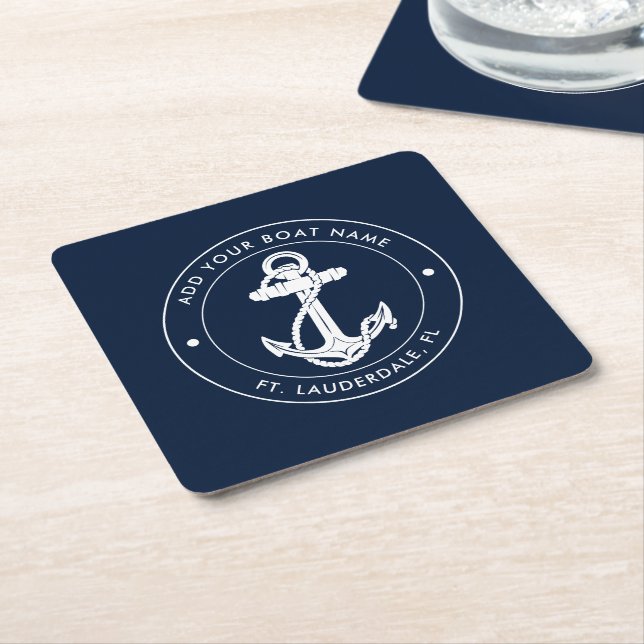 Nautical Anchor Navy Blue Boat Name Square Paper Coaster (Angled)