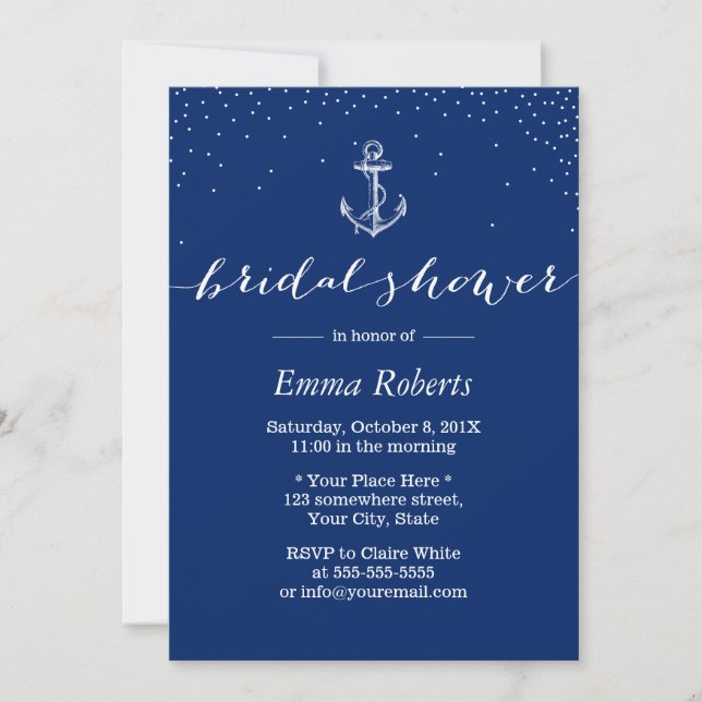 Nautical Anchor Navy Blue Bridal Shower Invitation (Front)