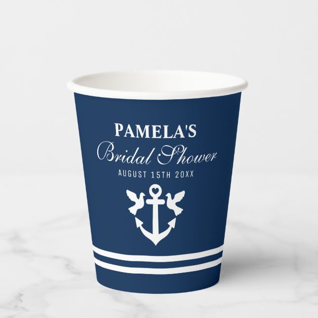 Nautical anchor navy blue bridal shower party chic paper cups (Front)