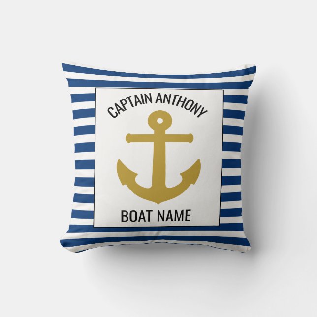 Nautical Anchor Navy Blue Captain and Boat Name Cushion (Front)