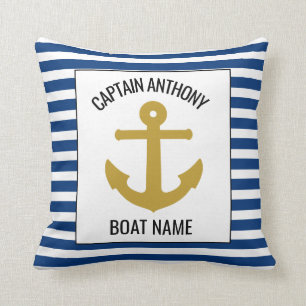 Nautical Anchor Navy Blue Captain and Boat Name Cushion