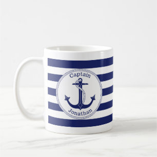 Nautical Anchor Navy Blue Captain Personalised Coffee Mug