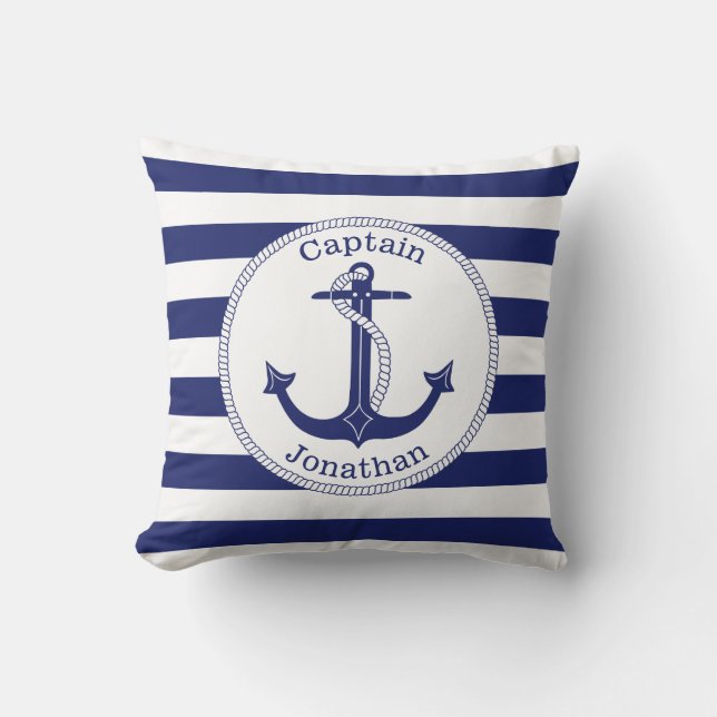 Nautical Anchor Navy Blue Captain Personalised Cushion (Front)