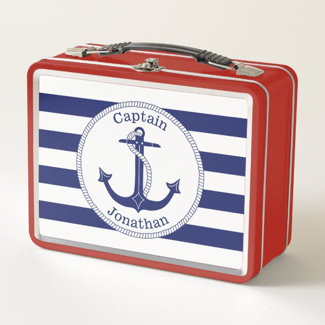 Nautical Anchor Navy Blue Captain Personalised Metal Lunch Box (Front)