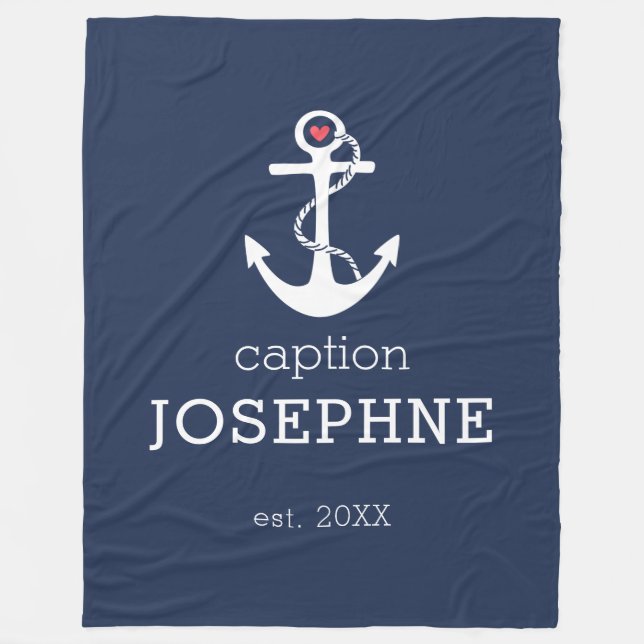 Nautical Anchor Navy Blue Caption Personalised Fleece Blanket (Front)