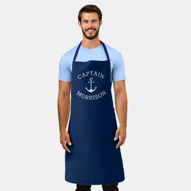 Nautical anchor navy blue custom captain name apron (Worn)