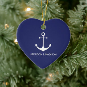 Nautical anchor navy blue custom family name heart ceramic tree decoration