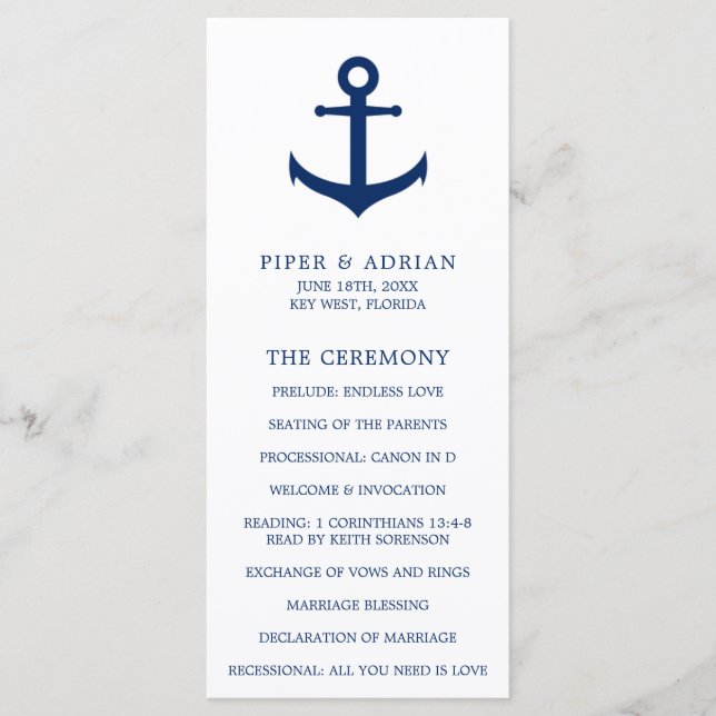 Nautical Anchor Navy Blue Elegant Wedding Programme (Front)