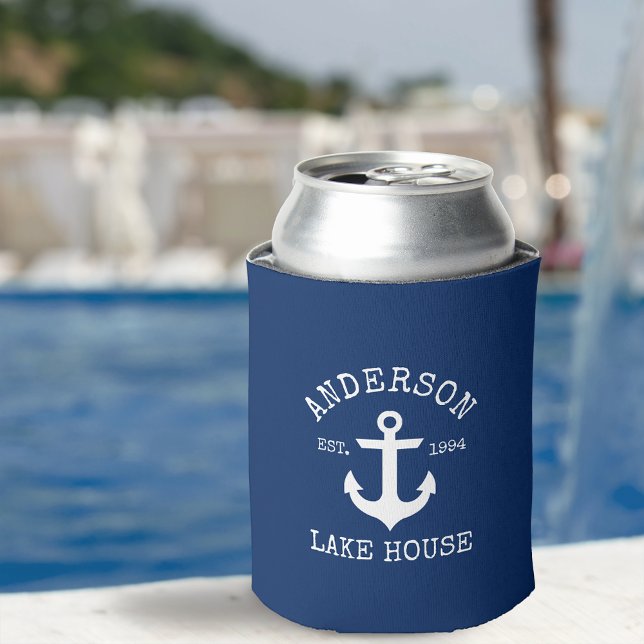 Nautical Anchor Navy Blue Family Lake House Can Cooler (Customize to change text size or text style.)