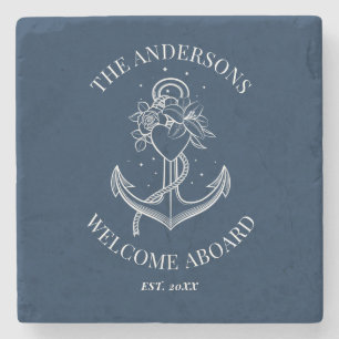 Nautical Anchor Navy Blue Family Name Stone Coaster