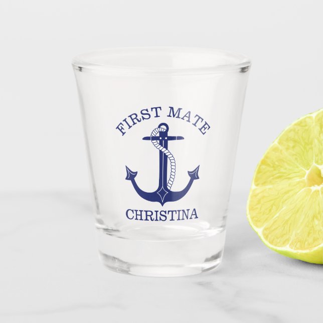 Nautical Anchor Navy Blue First Mate Add Name Shot Glass (Front)