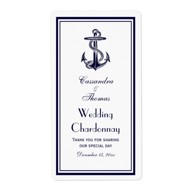 Nautical Anchor Navy Blue Framed 2BV Wine Bottle (Front)