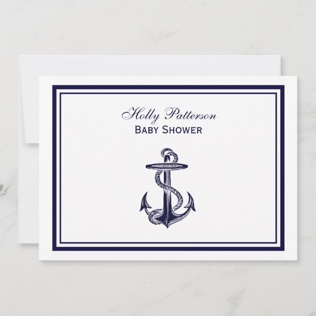Nautical Anchor Navy Blue Framed 2H Baby Shower Invitation (Front)