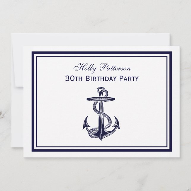 Nautical Anchor Navy Blue Framed 2H Birthday Party Invitation (Front)