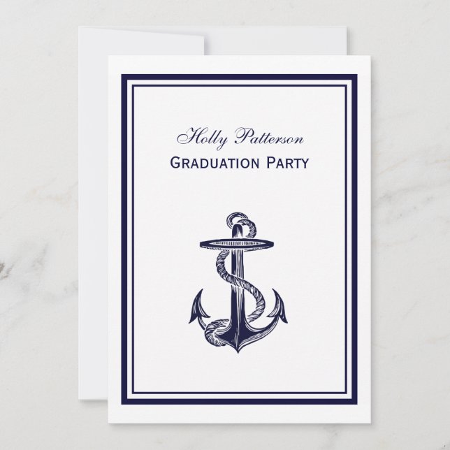 Nautical Anchor Navy Blue Framed 2V Graduation Invitation (Front)