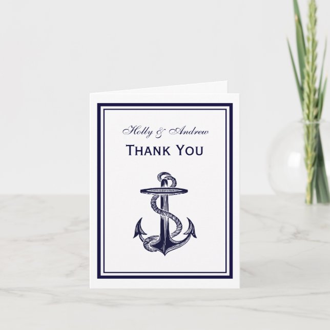 Nautical Anchor Navy Blue Framed 2V Thank You Card (Front)