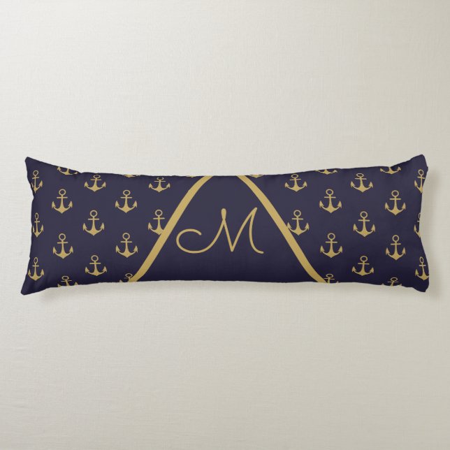 Nautical Anchor Navy Blue Gold Monogram Body Cushion (Front)