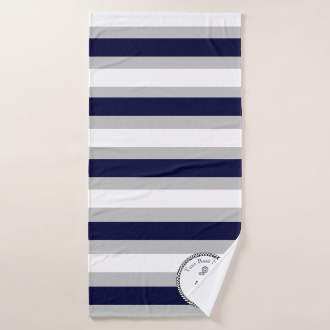 Nautical Anchor Navy Blue Grey White  stripe Bath Towel (Bath Towel)